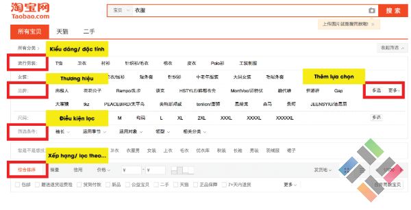 lọc các sản phẩm theo thông tin trên Taobao