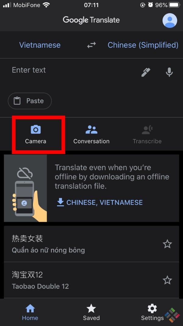 Chọn mục Camera sau khi chụp màn hình trên ứng dụng Taobao