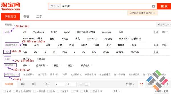 Bộ lọc sản phẩm thuận tiện của Taobao
