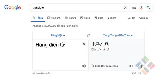 Dịch từ tìm kiếm sang tiếng Trung bằng Google dịch